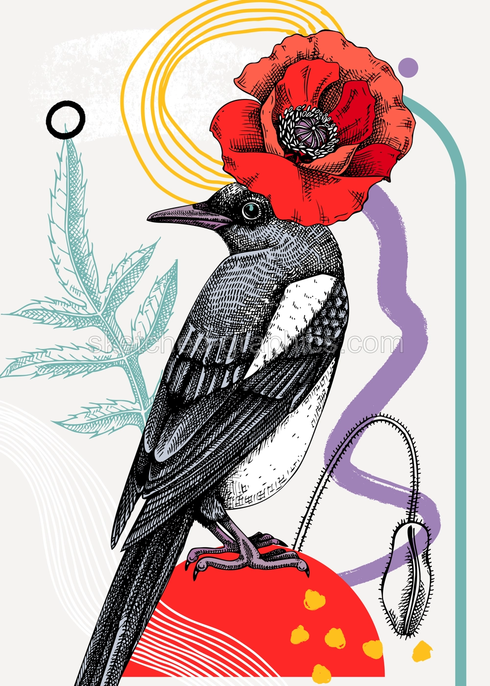 Collage style magpie vector illustration. Hand-sketched bird with poppy flower. Trendy design with botanical, geometric shapes, and abstract elements. Perfect for print, poster, card, social media Illustration